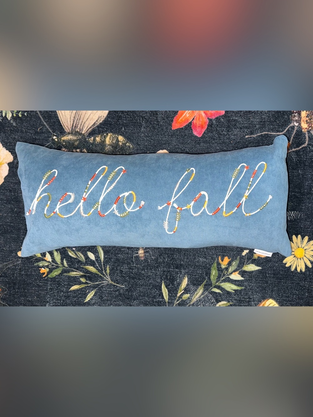 Hello Fall Blue Corduroy Embroidered Decorative Pillow Cupcakes & Cashmere 12x27
